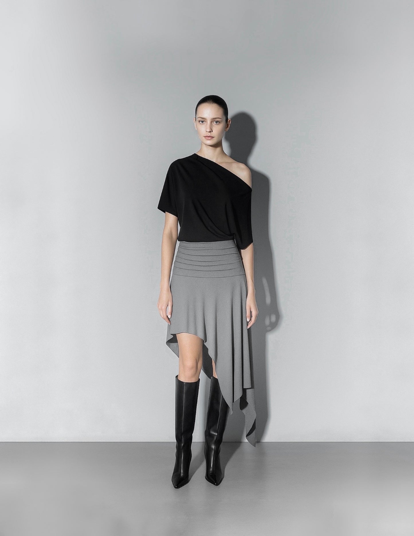 Asymmetric ruffle midi skirt
