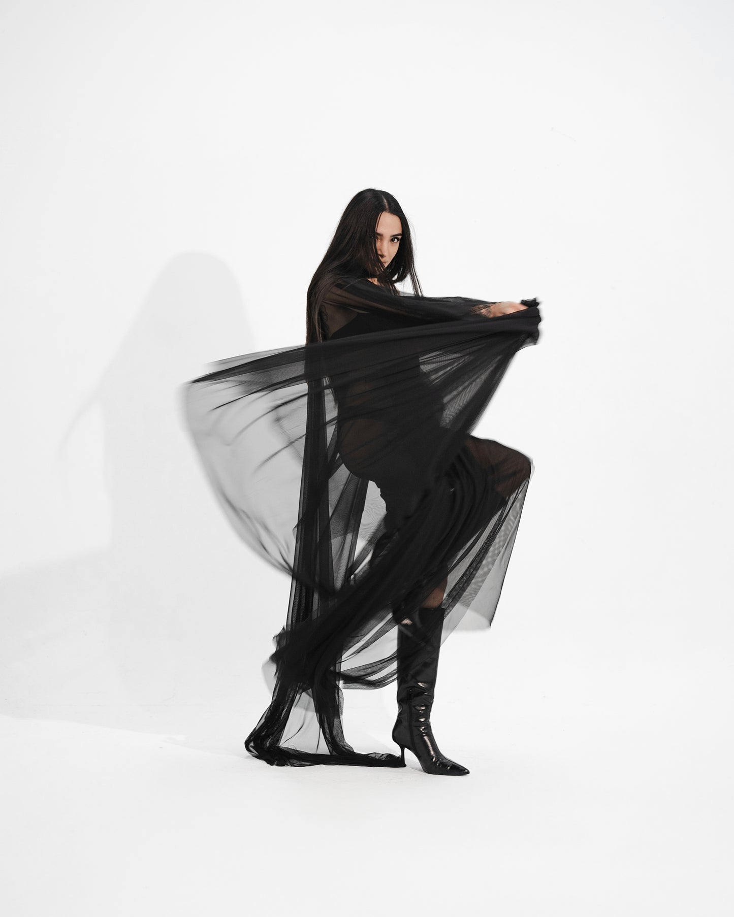 Translucent flowy draped gown