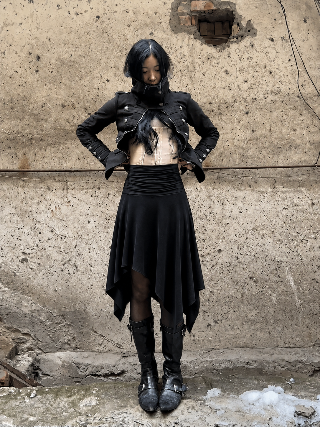 Asymmetric ruffle midi skirt