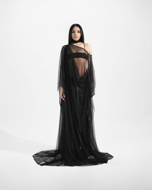 Translucent flowy draped gown