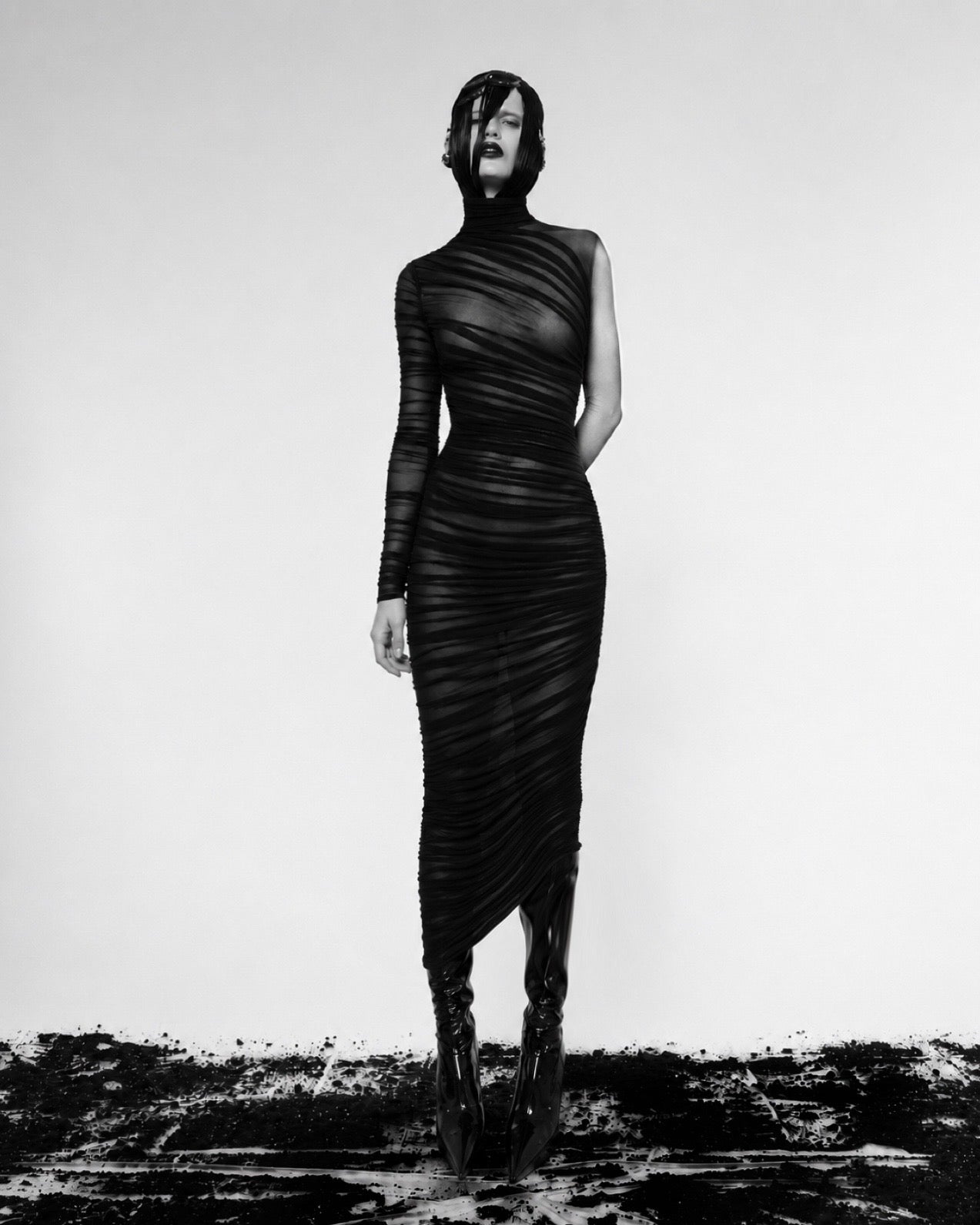 Mesh fitted draped dress